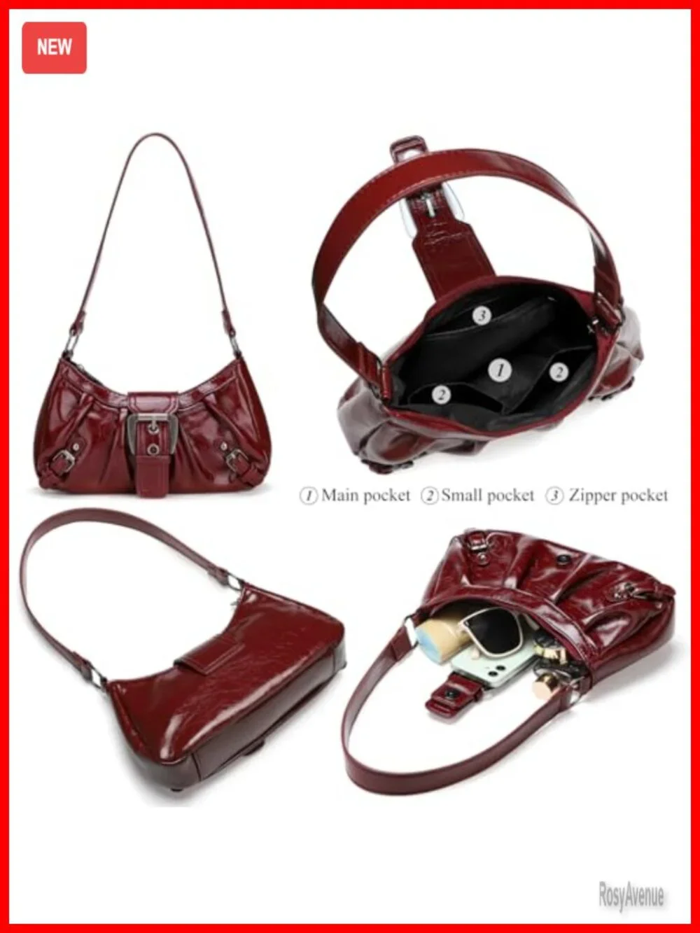 Vegan Leather Hobo Bag with Top Handle and Shoulder Strap, Buckle and Zipper